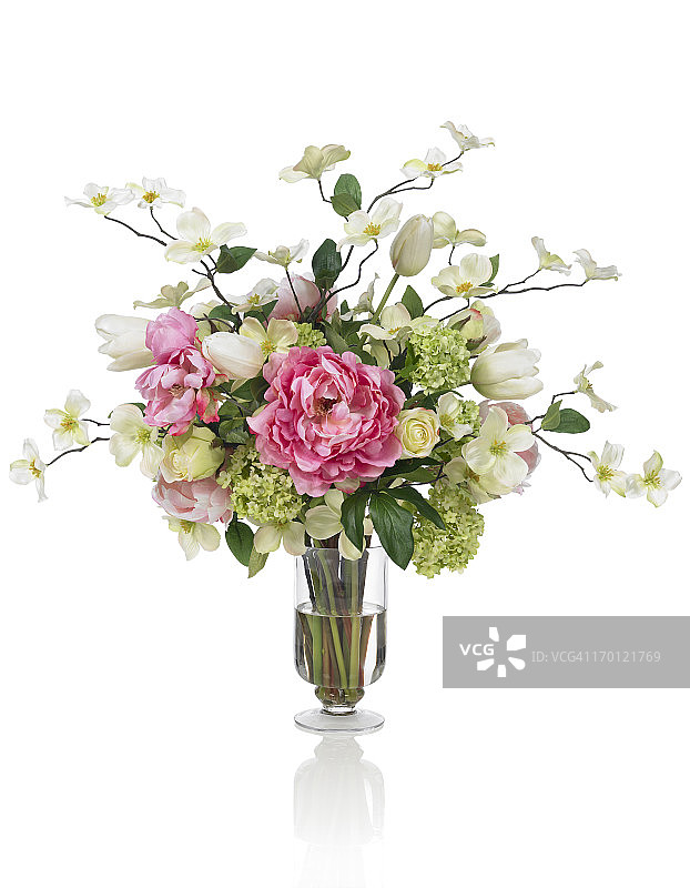白色背景上的春山茱萸和牡丹花束图片素材