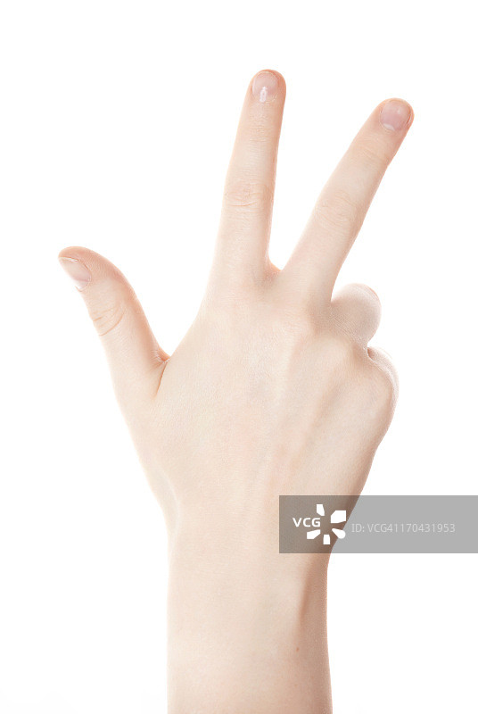 手计数-三根手指在白色背景上图片素材