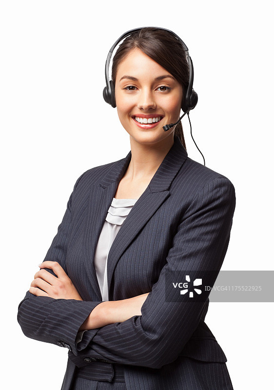 微笑着双臂交叉的女性IT服务台经理-孤立图片素材