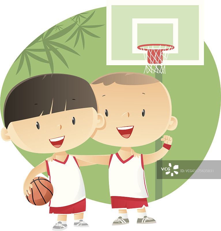 2个卡通男孩穿着白色和红色的运动衫打篮球图片素材