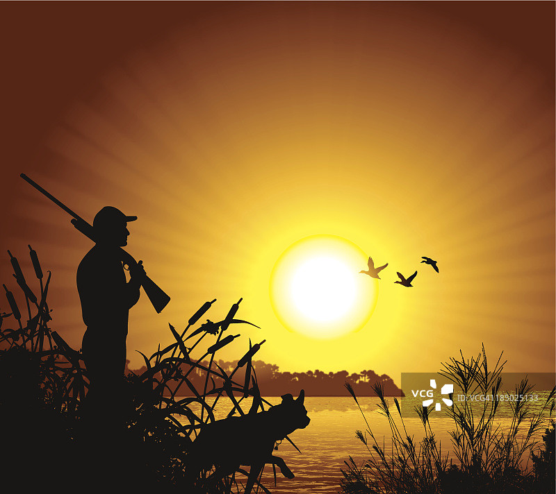日落背景下的鸭子猎人图片素材