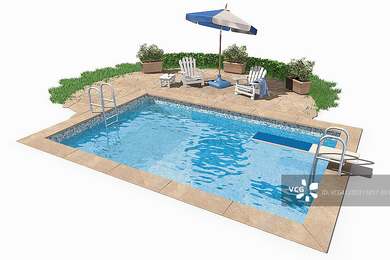 游泳池设有跳水板、遮阳伞和躺椅(数码)图片素材