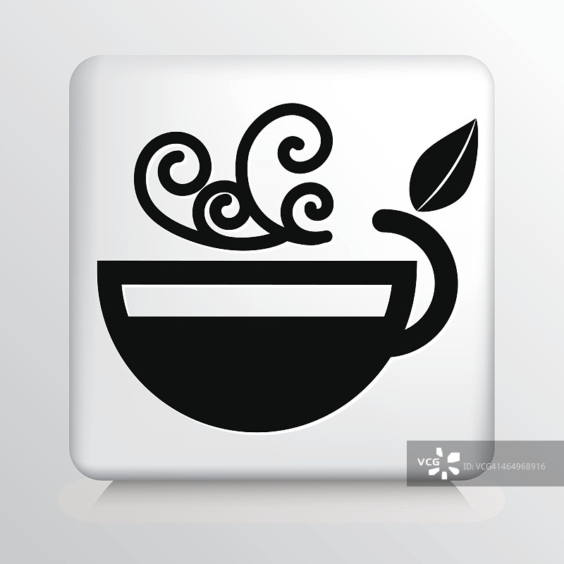 方形图标详细说明了热气腾腾的茶杯与装饰的叶子。图片素材