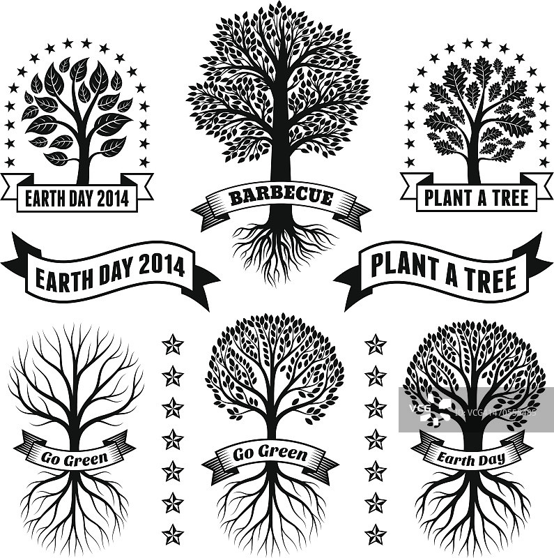 地球日版税免费向量与树旗帜和徽章图片素材