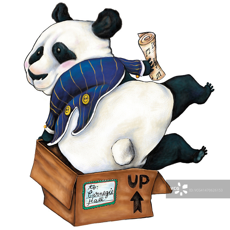 插图的熊猫与音符坐在纸板盒在白色的背景图片素材