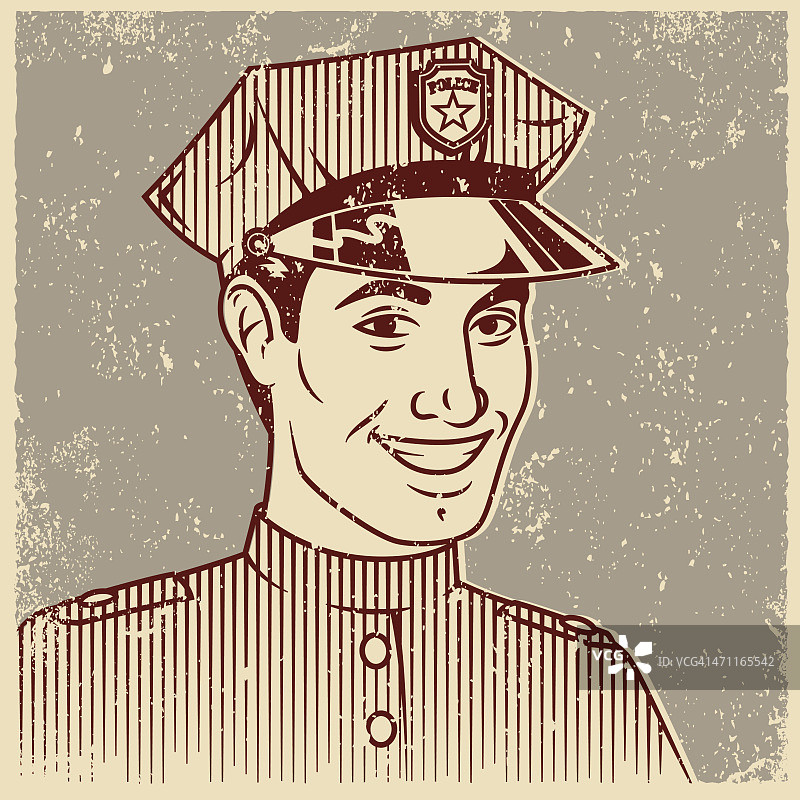 复古丝网印刷微笑英俊的警察线艺术插图图片素材