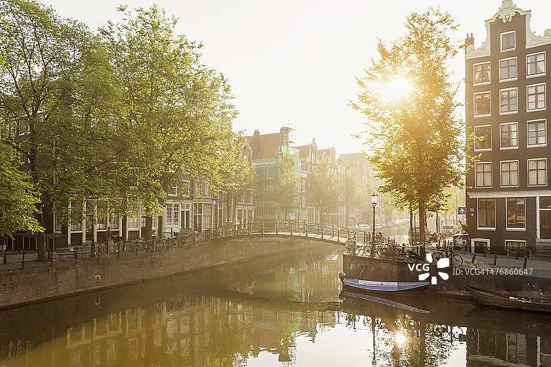 荷兰阿姆斯特丹运河的宁静景色图片素材