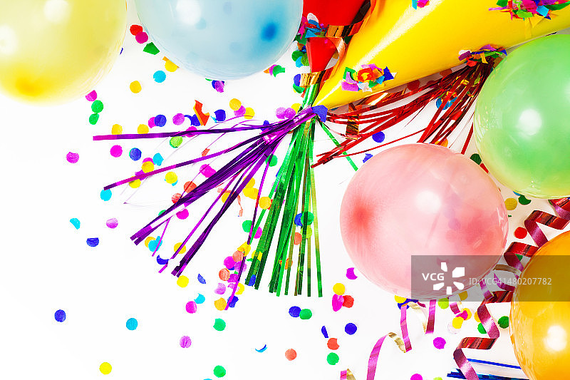 派对帽，气球，五彩纸屑，丝带图片素材
