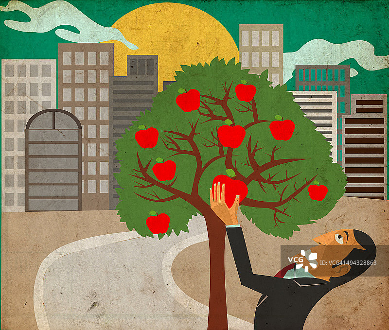商人在树上摘苹果的概念插图，描绘了艰苦的工作图片素材