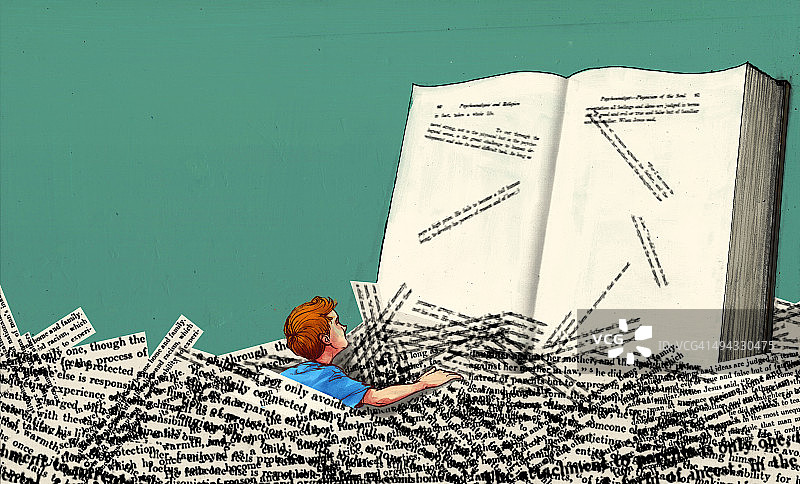 插图形象的男孩在成堆的文件阅读代表学习障碍的书图片素材