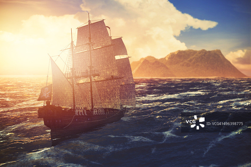 海盗船在日落时驶向孤岛图片素材
