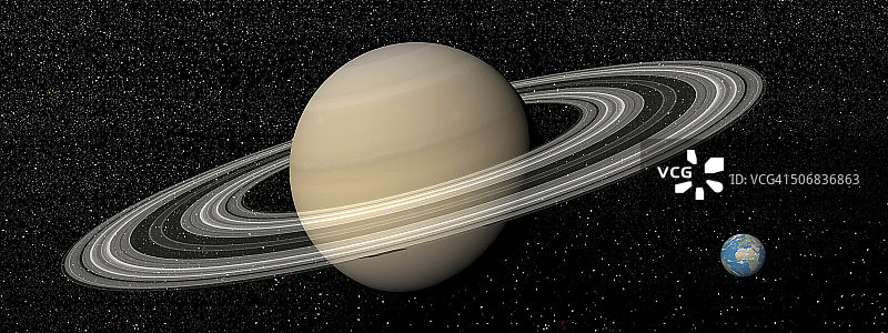 大行星土星和它的光环紧挨着小行星地球。图片素材