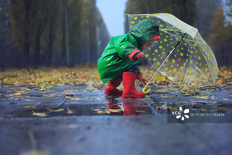 蹒跚学步的孩子和雨伞在秋天下雨的公园图片素材