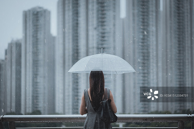 在雨天俯瞰城市风景的女商人图片素材