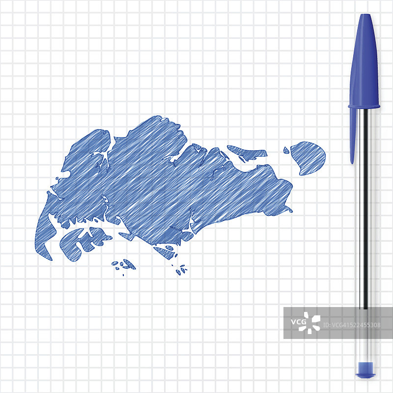 新加坡地图速写在方格纸上，蓝笔图片素材