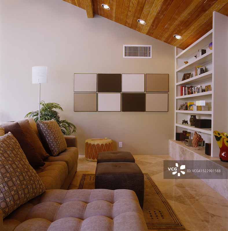现代客厅，组合沙发和嵌入式书架图片素材