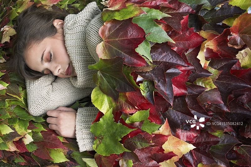 睡在树叶毯子下的女人图片素材