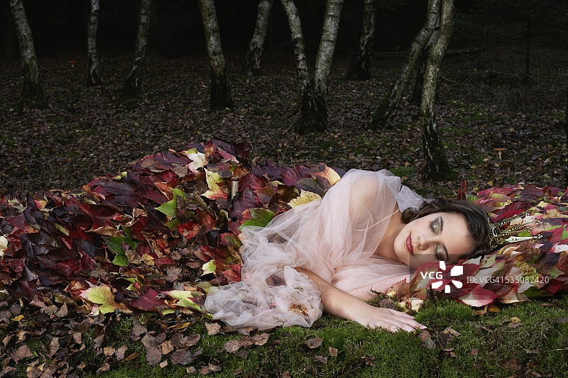一位仙女公主睡在森林里的树叶毯子下图片素材