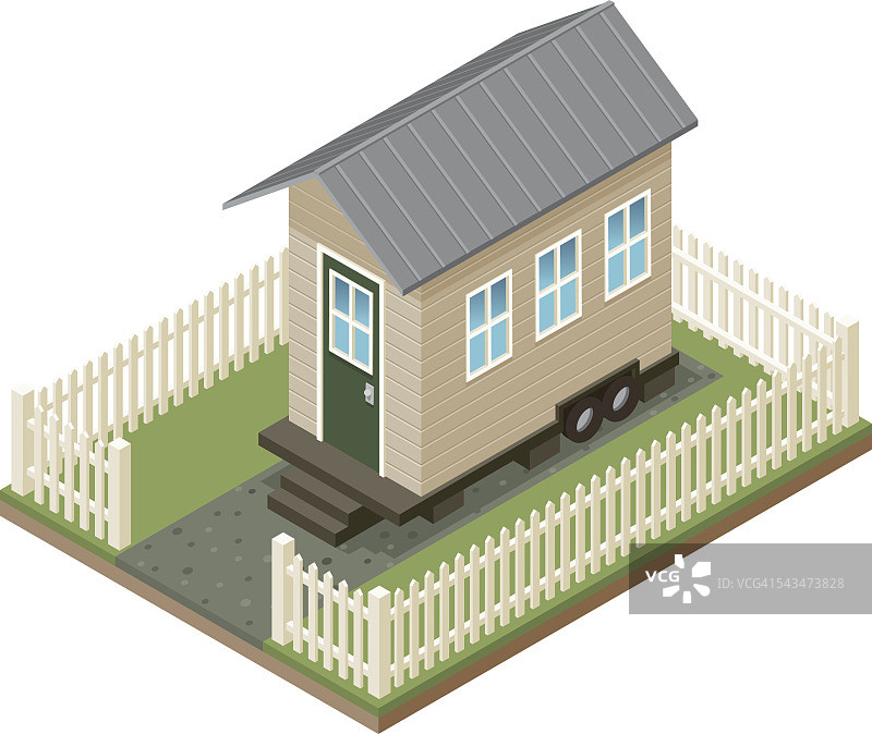 带有庭院和尖桩篱笆的小房子等距图标图片素材