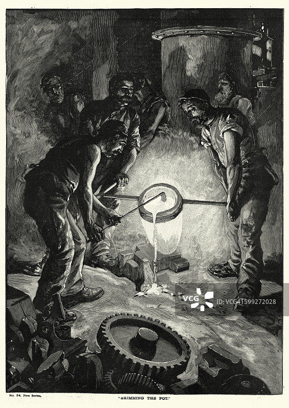 维多利亚时代的钢铁工人从锅中撇油图片素材