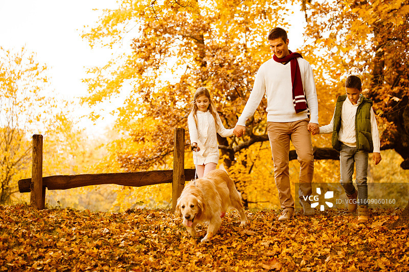 父亲和孩子们带着他们的狗在秋天的公园散步图片素材