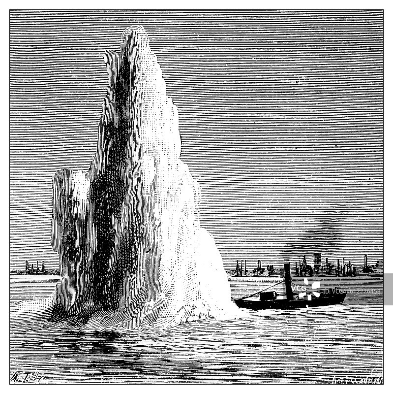 水下鱼雷导弹爆炸的古董插图图片素材