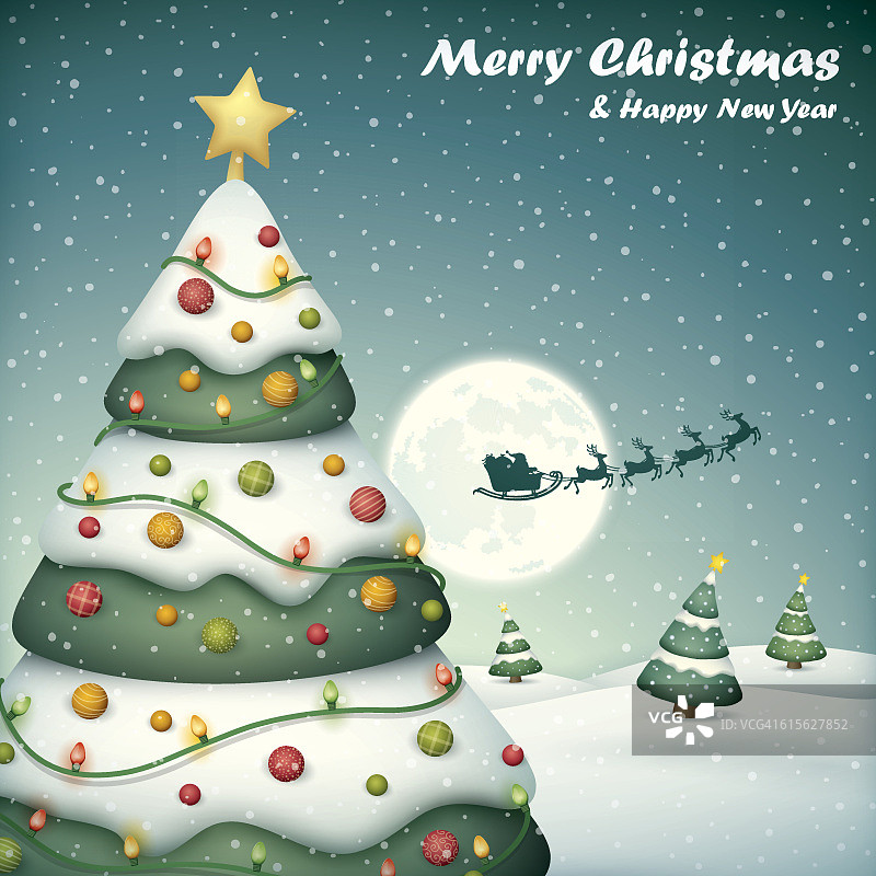 圣诞树和圣诞老人的雪橇与雪的背景图片素材