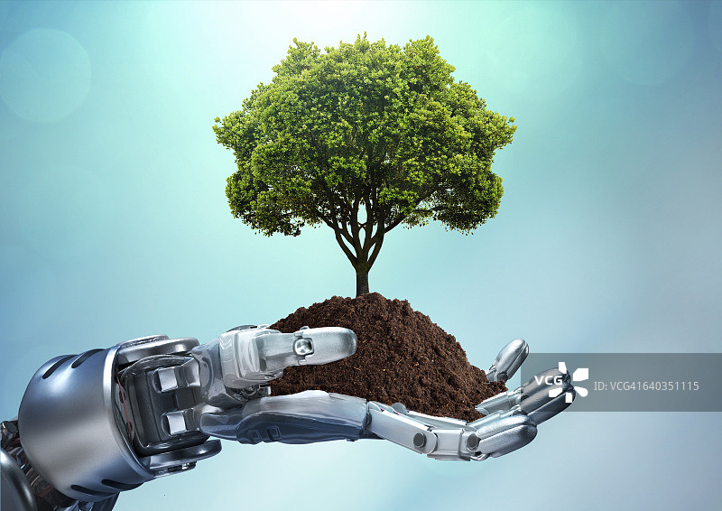 机器人手握着一棵有土壤的树图片素材