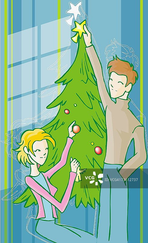 一对夫妇装饰圣诞树的特写图片素材