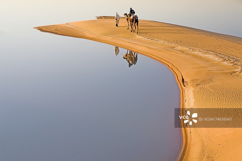 柏柏尔人与游客在单峰骆驼上的倒影(单峰骆驼)图片素材