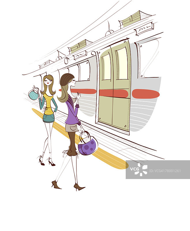 两个女人走在地铁站台上图片素材