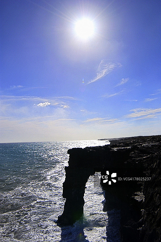 背光熔岩形成的大洋上的大岛，夏威夷与太阳在高天空。图片素材