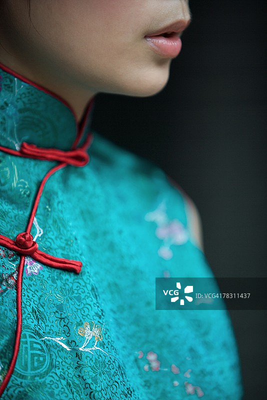 年轻女子穿着传统的中国服装，下半截脸和胸部图片素材