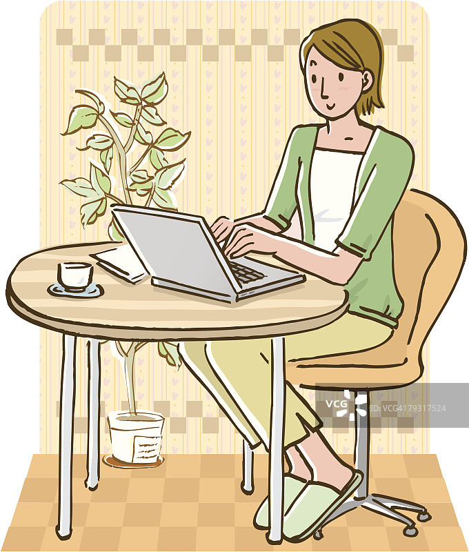 坐在桌子前用笔记本电脑的女人，正面图片素材