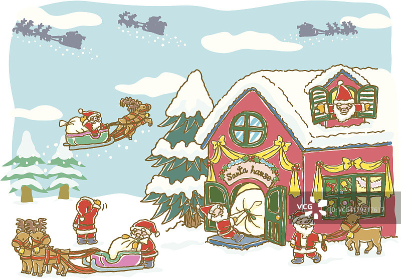 画圣诞老人和驯鹿送圣诞礼物，插图图片素材