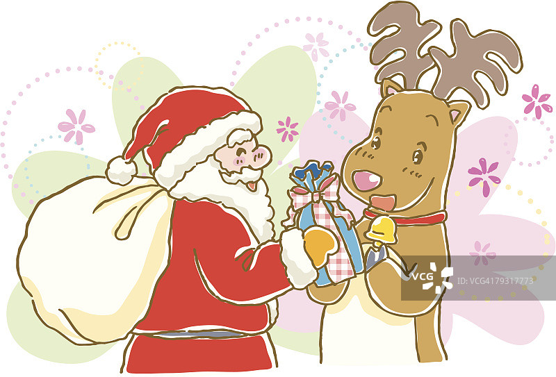 圣诞老人送圣诞礼物给驯鹿的画，插画图片素材