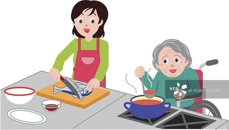 女人在厨房煮鱼和年长的女人拿着汤勺，高角度观看图片素材