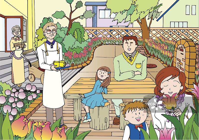 家庭在花园喝茶休息，三代，插图技术图片素材