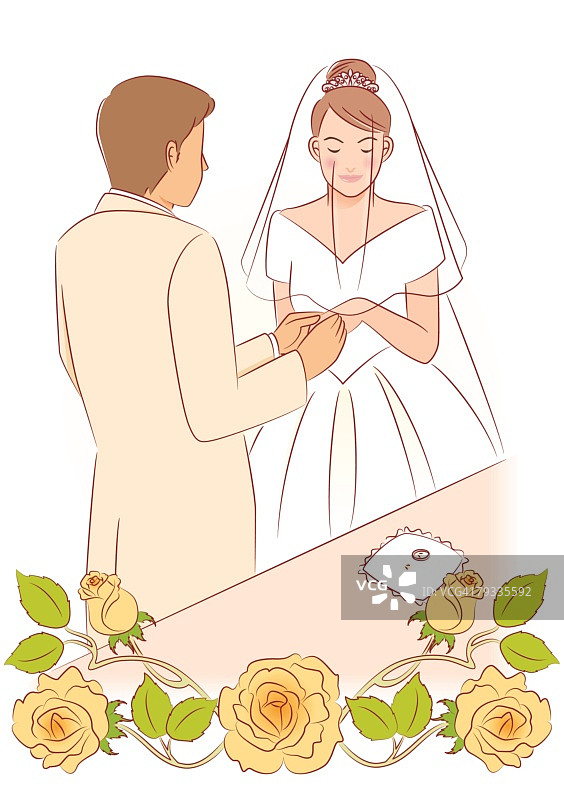 新郎把戒指戴在新娘手指上，新娘闭上眼睛图片素材