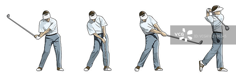 高尔夫球手表演下挥杆和冲击的四个阶段图片素材