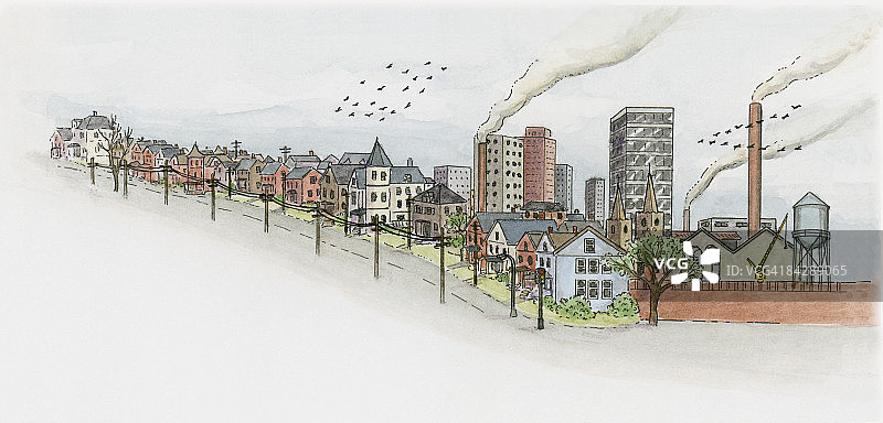 两群鸟飞过工业城镇的插图图片素材