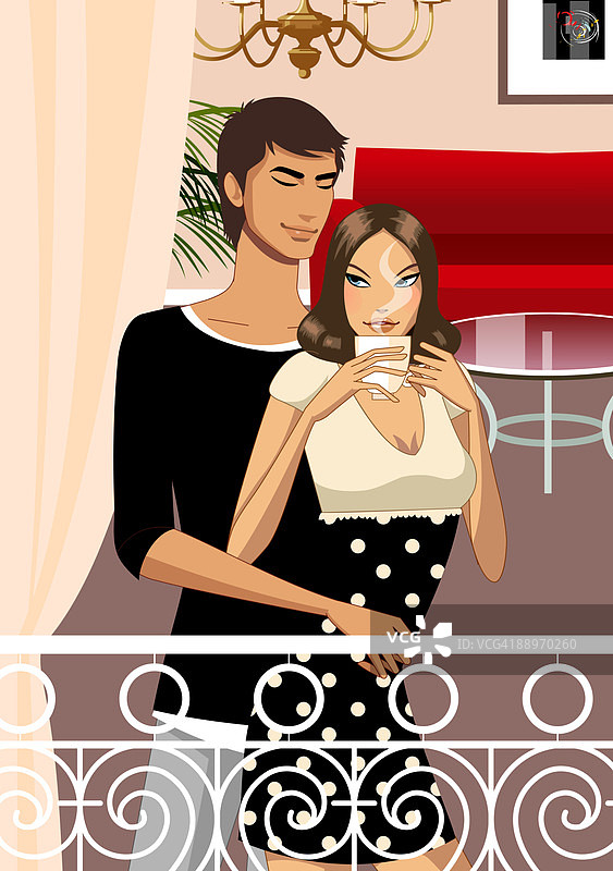 情侣站在阳台上喝咖啡图片素材