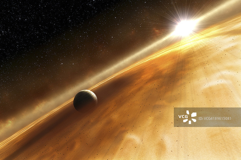 这是艺术家对哈勃太空望远镜观测到的北落师门星和木星类型行星的概念。北落师门周围似乎也有一圈残骸。这颗行星名为北落师门b，每872年围绕这颗2亿岁的恒星运行一次。图片素材