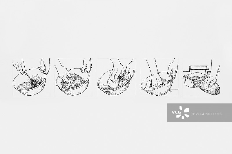 展示如何制作面包面团的黑白插图序列图片素材