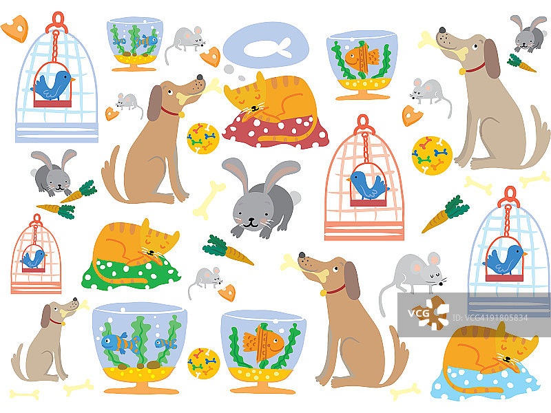 宠物狗，猫，兔子，老鼠，鸟和鱼的图案图片素材