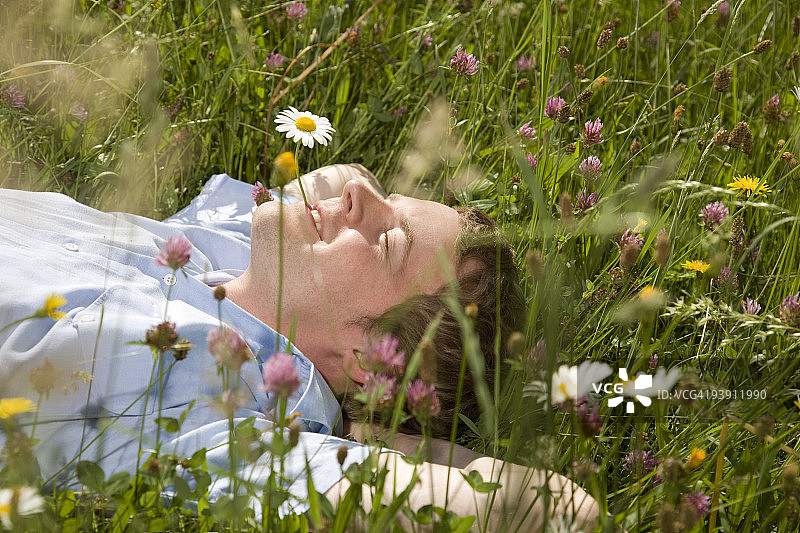 一个人躺在春天的花朵的草地上图片素材