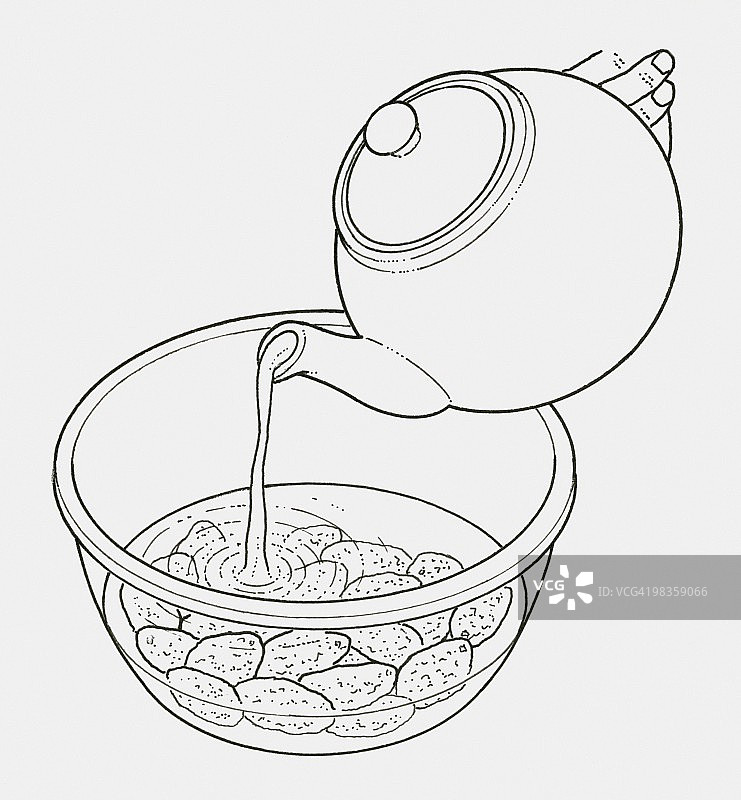 黑白图案:水被浇在碗里的干果上，浸泡图片素材