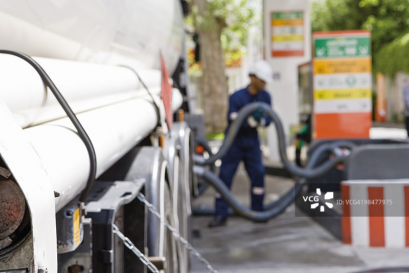 与油罐车出口相连的软管将燃油输送到加油站的储油罐图片素材