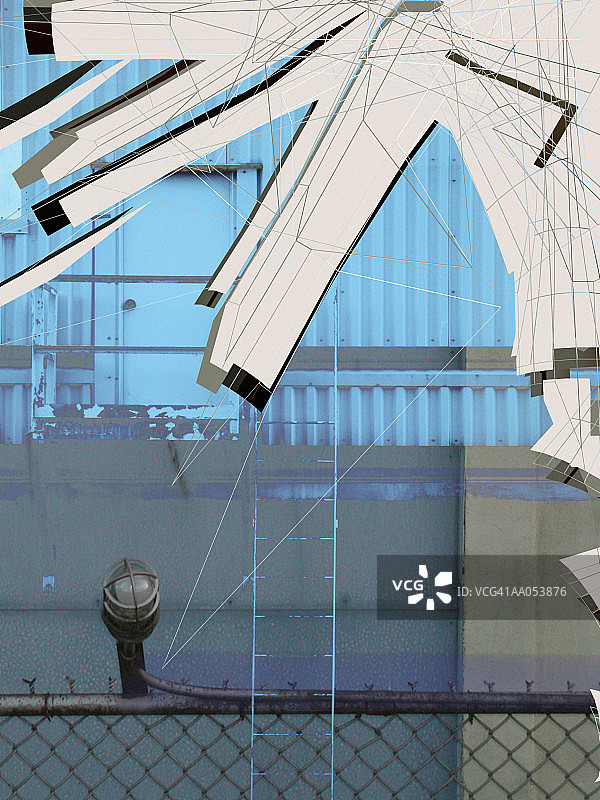 工业波纹建筑和铁链围栏(蒙太奇)图片素材