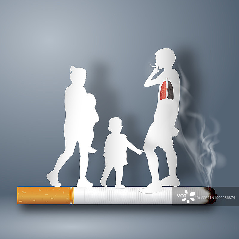 香烟摧毁了家庭的健康，无烟日的世界，工艺风格和纸的艺术理念。矢量图图片素材